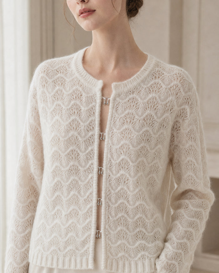 VELSÉE Women’s Pointelle Cashmere Cardigan – Pearl Button Crew-Neck Lightweight Knit
