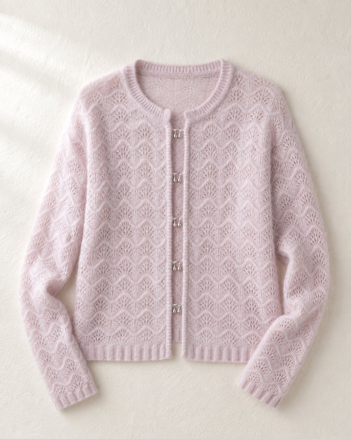VELSÉE Women’s Pointelle Cashmere Cardigan – Pearl Button Crew-Neck Lightweight Knit