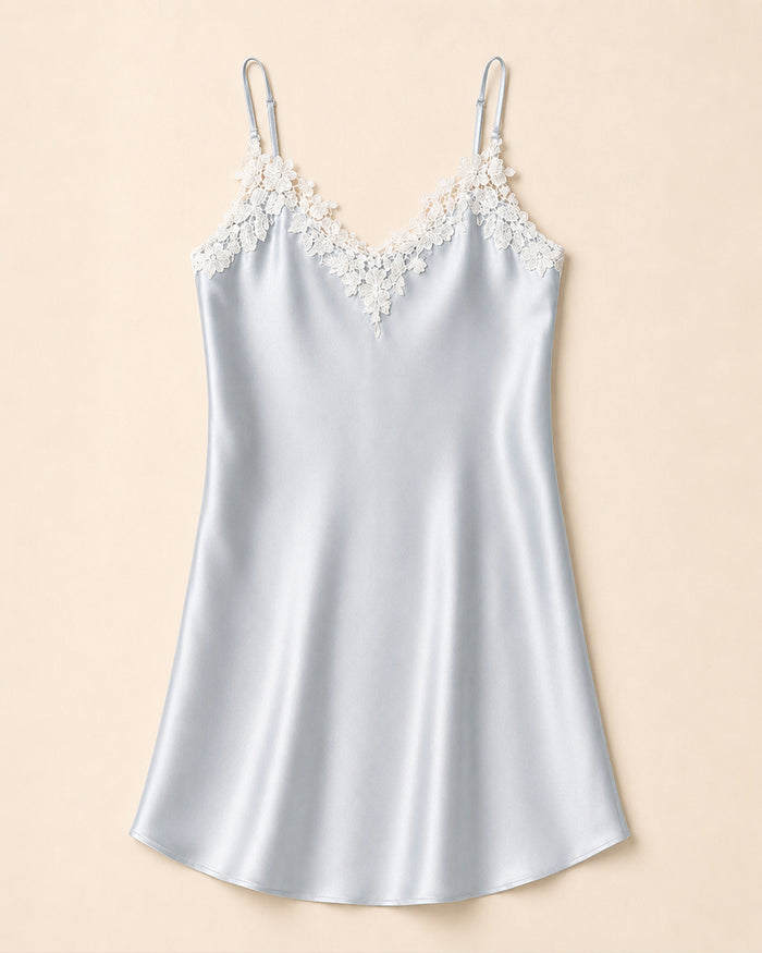 VELSÉE Women’s Silk Lace Slip Dress – Floral Appliqué V-Neck Adjustable-Strap Luxury Chemise