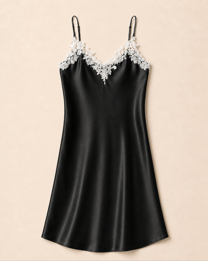VELSÉE Women’s Silk Lace Slip Dress – Floral Appliqué V-Neck Adjustable-Strap Luxury Chemise