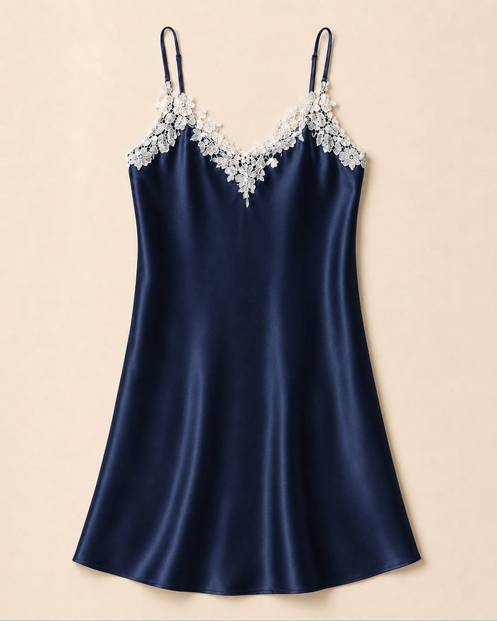 VELSÉE Women’s Silk Lace Slip Dress – Floral Appliqué V-Neck Adjustable-Strap Luxury Chemise