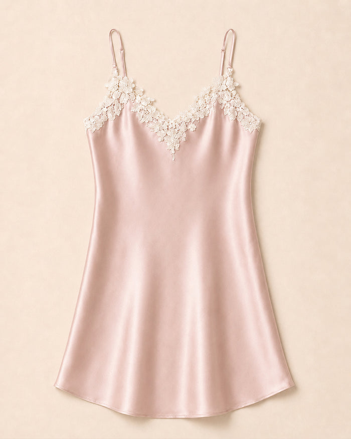VELSÉE Women’s Silk Lace Slip Dress – Floral Appliqué V-Neck Adjustable-Strap Luxury Chemise