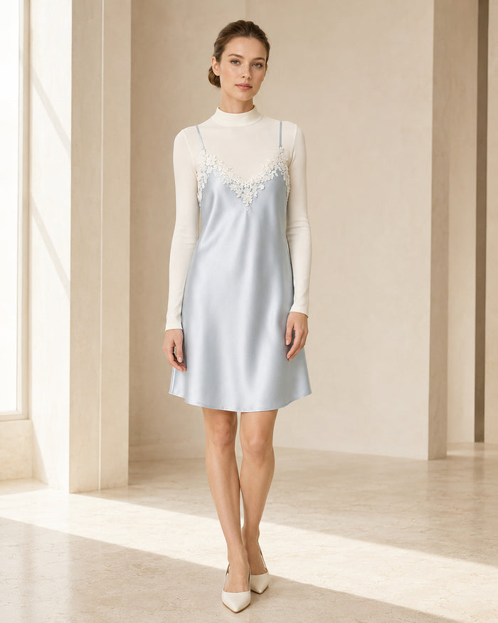 VELSÉE Women’s Silk Lace Slip Dress – Floral Appliqué V-Neck Adjustable-Strap Luxury Chemise