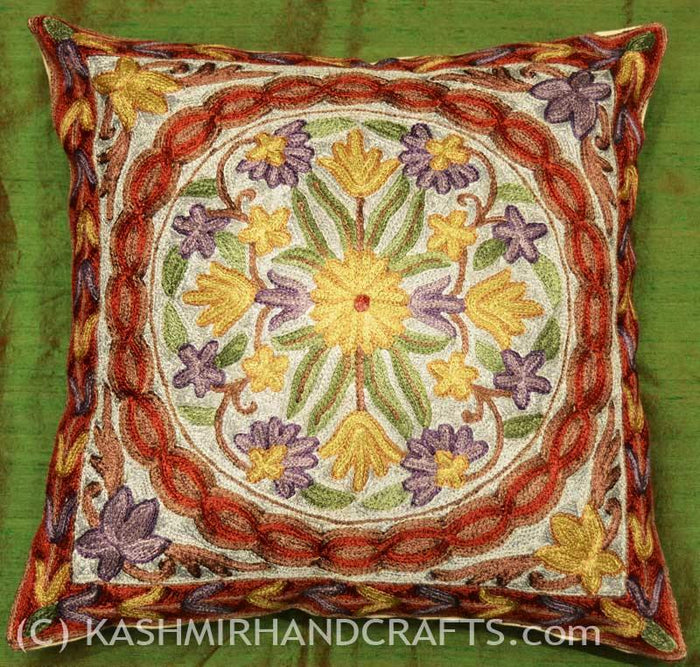 violets asters decorative cushion cover handembroidered - Kashmir Designs