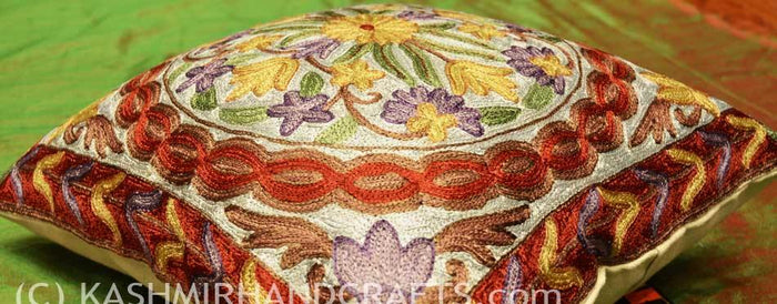 violets asters decorative cushion cover handembroidered - Kashmir Designs