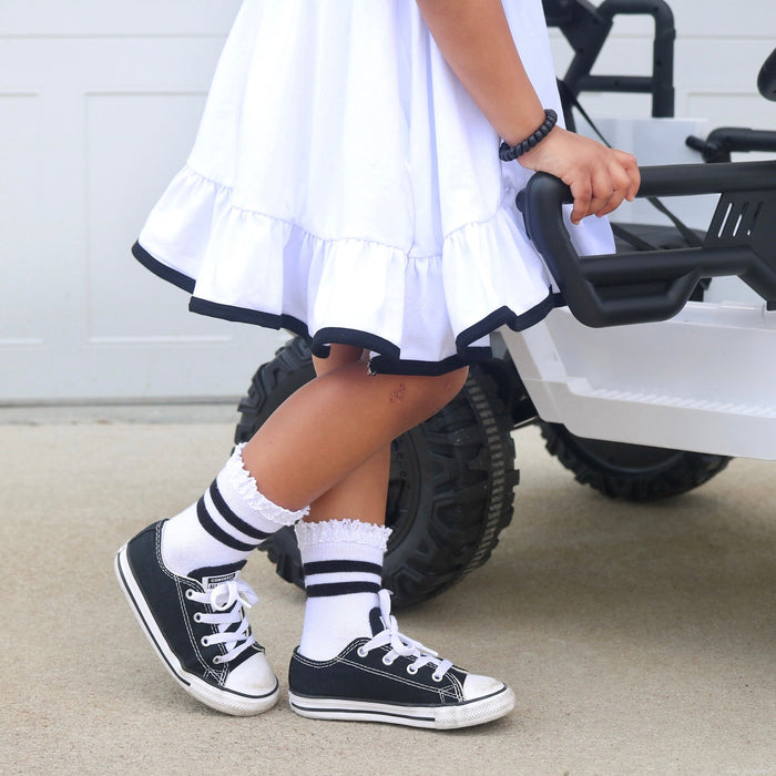 white and black striped lace midi socks with black converse