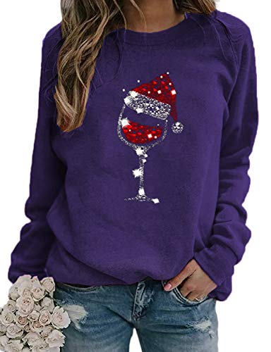 Women Long Sleeve Wine Sweatshirt Wine Glasses with Santa Hat for Christmas Sweatshirt