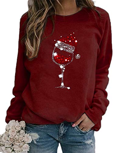 Women Long Sleeve Wine Sweatshirt Wine Glasses with Santa Hat for Christmas Sweatshirt