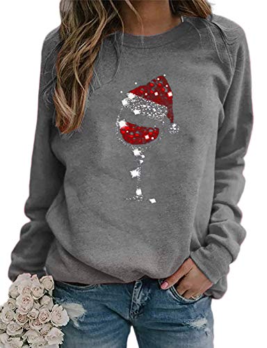 Women Long Sleeve Wine Sweatshirt Wine Glasses with Santa Hat for Christmas Sweatshirt