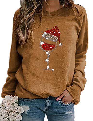 Women Long Sleeve Wine Sweatshirt Wine Glasses with Santa Hat for Christmas Sweatshirt