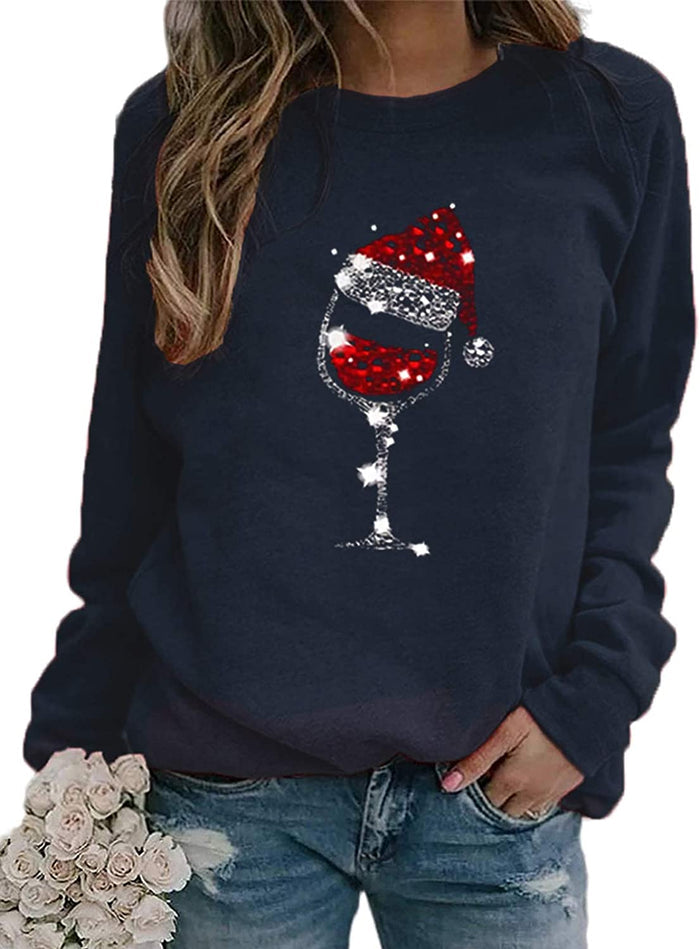 Women Long Sleeve Wine Sweatshirt Wine Glasses with Santa Hat for Christmas Sweatshirt