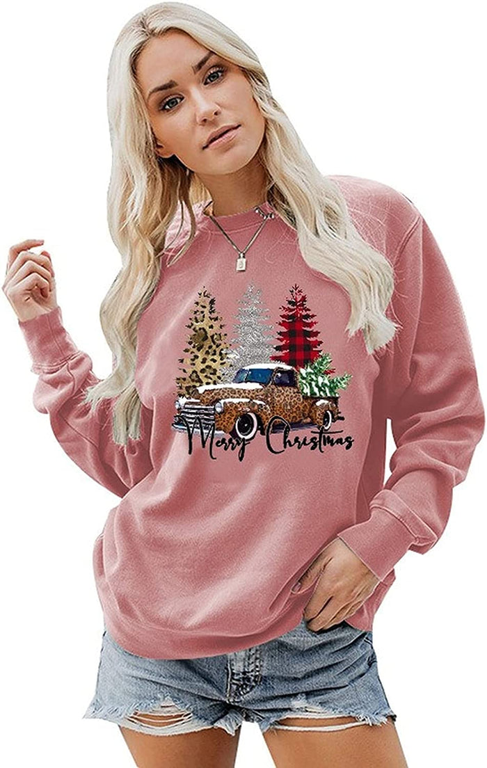 Women Merry Christmas Sweatshirt Christmas Tree Car Shirt