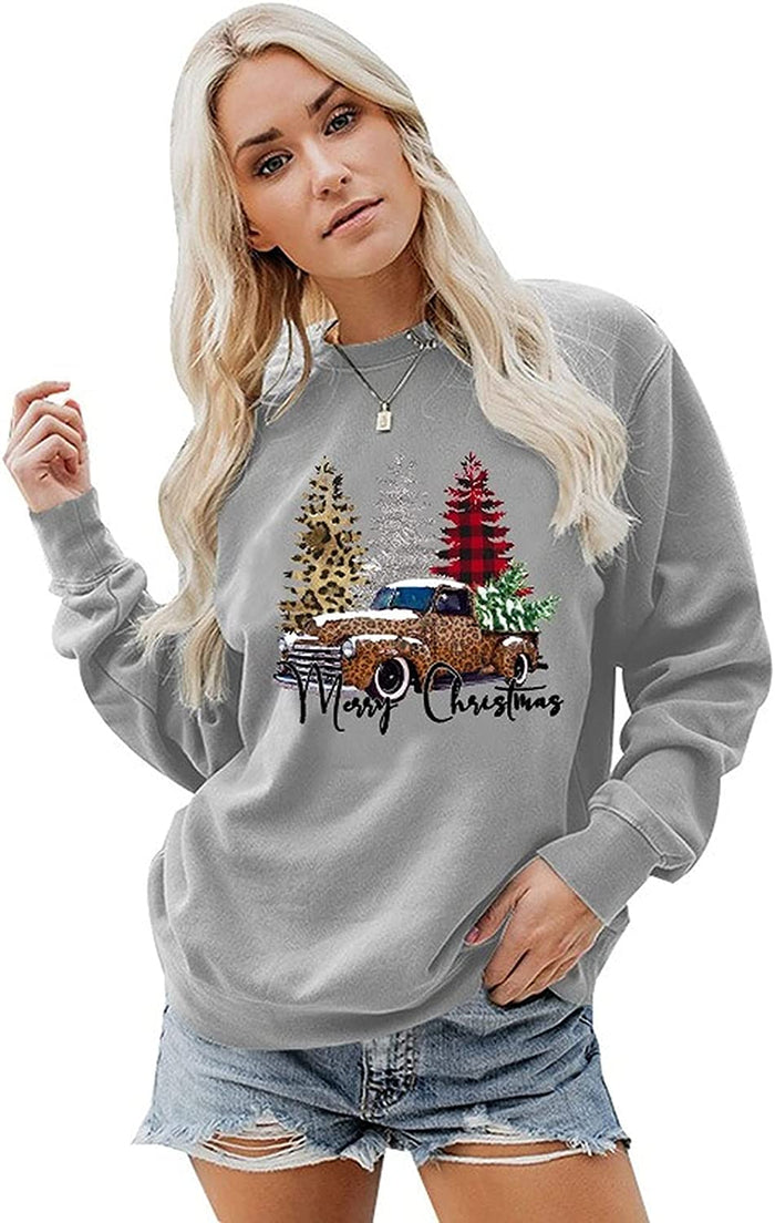 Women Merry Christmas Sweatshirt Christmas Tree Car Shirt