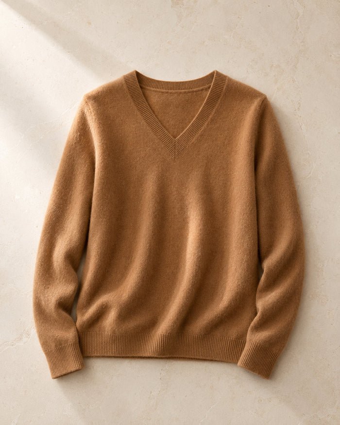 Women’s 100% Cashmere V-Neck Sweater, Fine-Knit Long Sleeve Pullover
