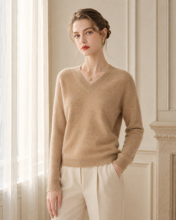 Women’s 100% Cashmere V-Neck Sweater, Fine-Knit Long Sleeve Pullover