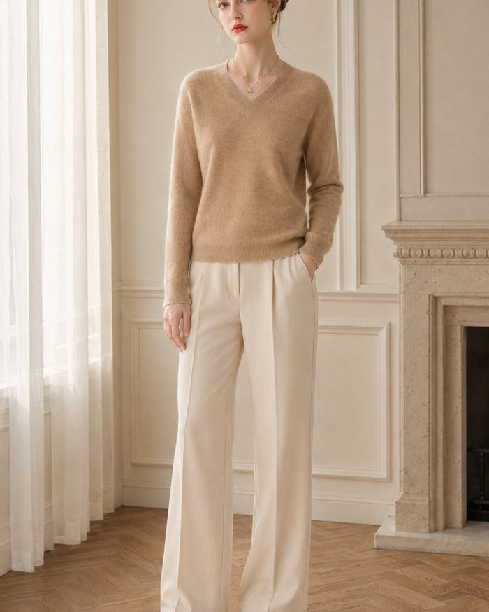 Women’s 100% Cashmere V-Neck Sweater, Fine-Knit Long Sleeve Pullover