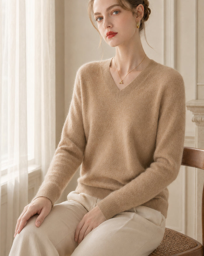 Women’s 100% Cashmere V-Neck Sweater, Fine-Knit Long Sleeve Pullover