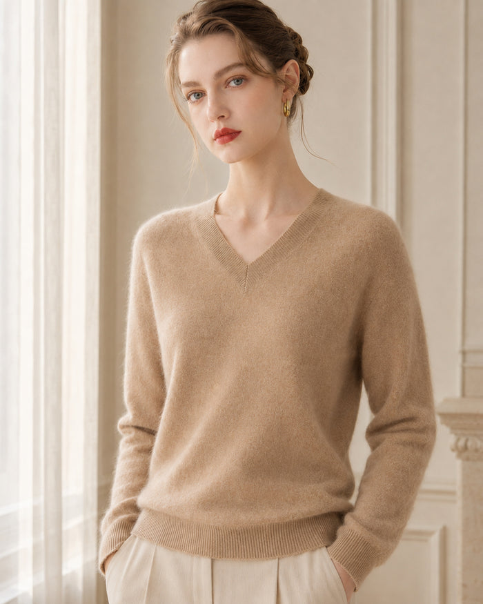 Women’s 100% Cashmere V-Neck Sweater, Fine-Knit Long Sleeve Pullover