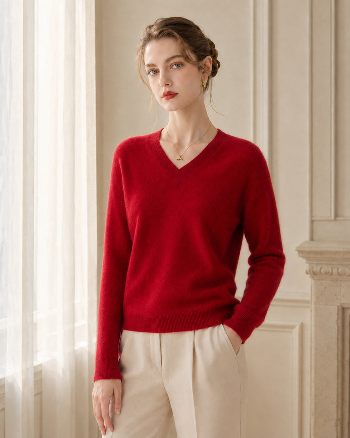 Women’s 100% Cashmere V-Neck Sweater, Fine-Knit Long Sleeve Pullover