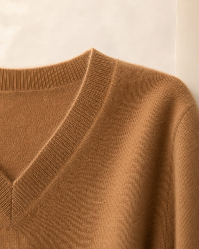 Women’s 100% Cashmere V-Neck Sweater, Fine-Knit Long Sleeve Pullover