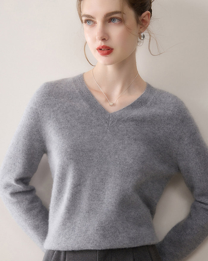 Women’s 100% Cashmere V-Neck Sweater, Fine-Knit Long Sleeve Pullover