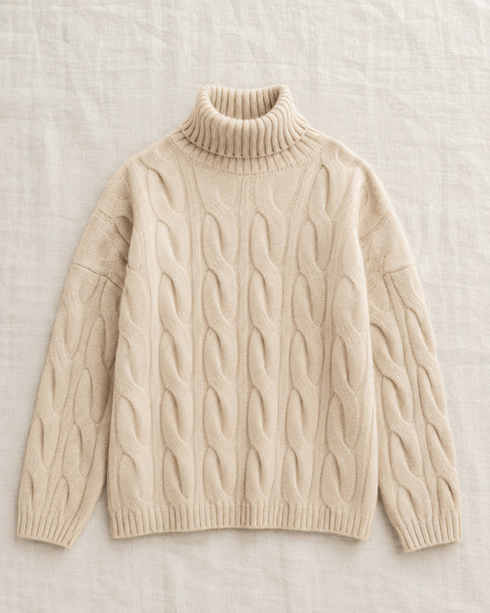 Women's Cable Knit Cashmere Turtleneck Sweater, Relaxed Drop-Shoulder Pullover