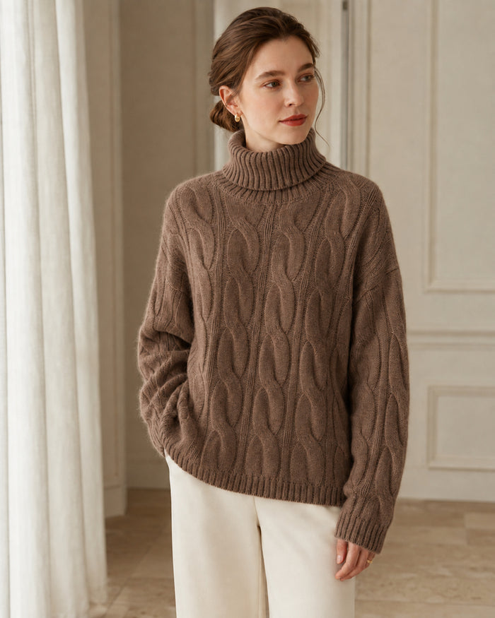 Women's Cable Knit Cashmere Turtleneck Sweater, Relaxed Drop-Shoulder Pullover