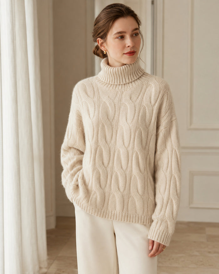 Women's Cable Knit Cashmere Turtleneck Sweater, Relaxed Drop-Shoulder Pullover
