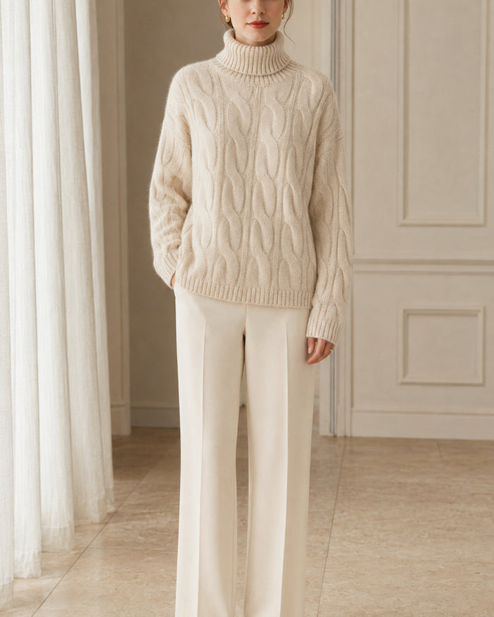 Women's Cable Knit Cashmere Turtleneck Sweater, Relaxed Drop-Shoulder Pullover