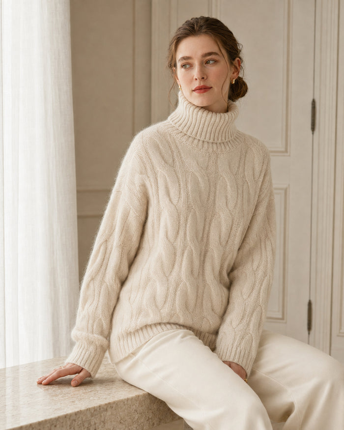 Women's Cable Knit Cashmere Turtleneck Sweater, Relaxed Drop-Shoulder Pullover