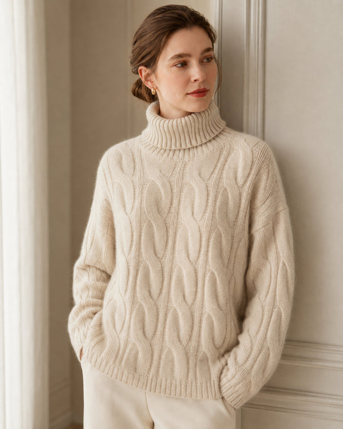 Women's Cable Knit Cashmere Turtleneck Sweater, Relaxed Drop-Shoulder Pullover