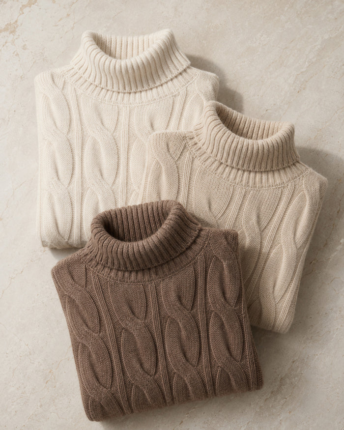 Women's Cable Knit Cashmere Turtleneck Sweater, Relaxed Drop-Shoulder Pullover
