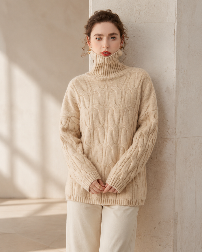 Women's Cable Knit Cashmere Turtleneck Sweater, Relaxed Drop-Shoulder Pullover