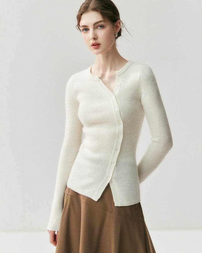 Women’s Cashmere Ribbed Button Cardigan, Fitted Round Neck Long Sleeve Knit Top