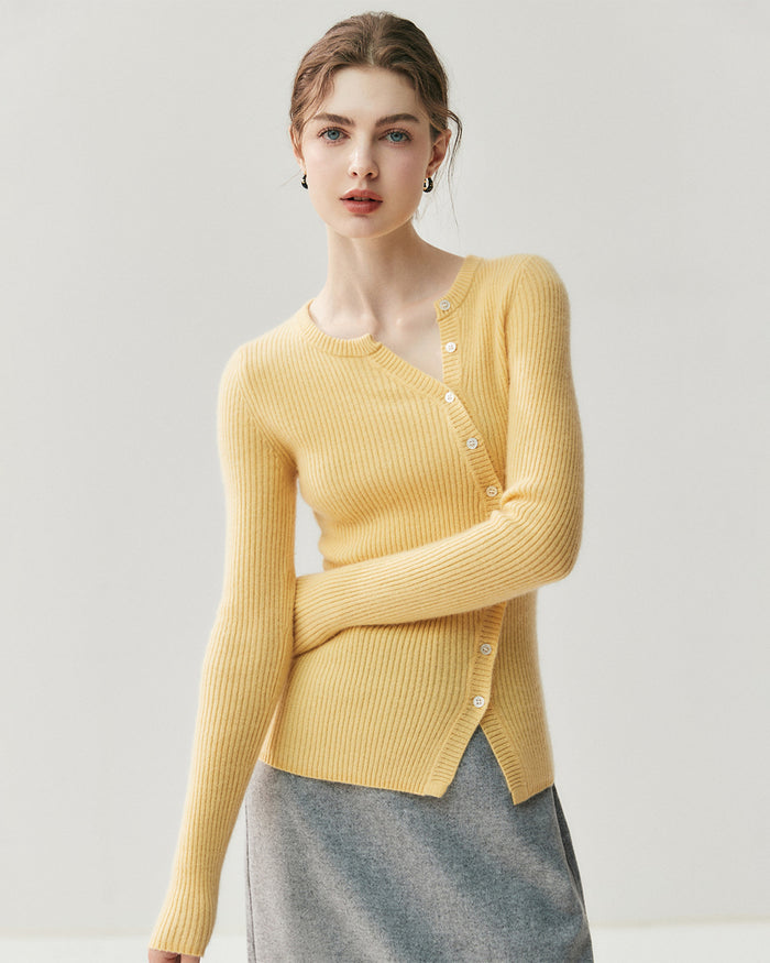 Women’s Cashmere Ribbed Button Cardigan, Fitted Round Neck Long Sleeve Knit Top
