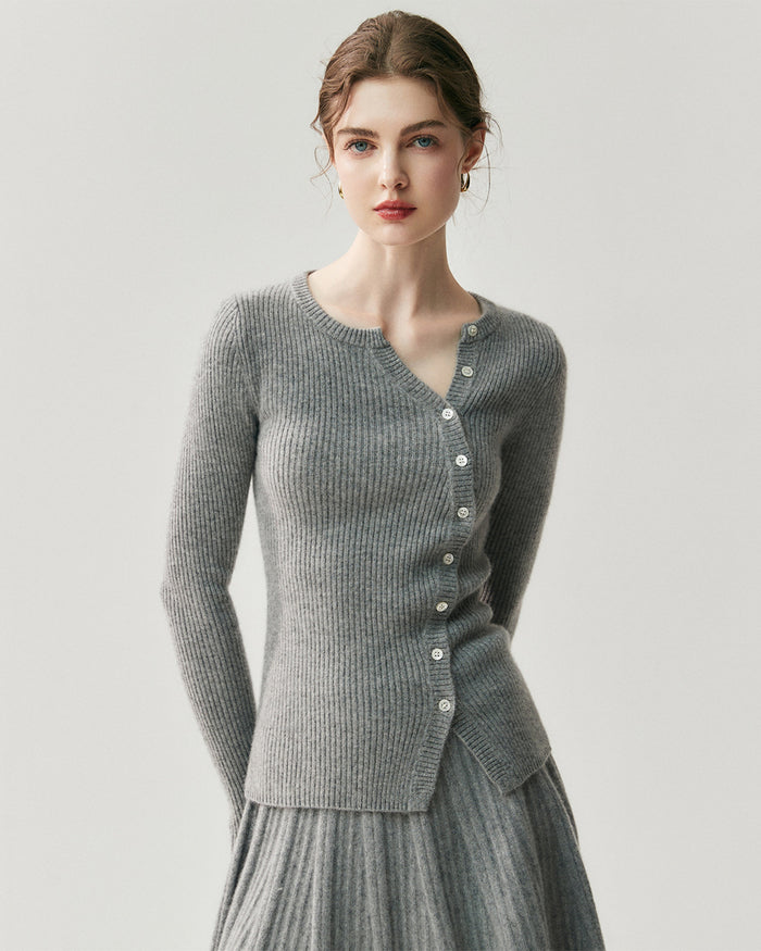 Women’s Cashmere Ribbed Button Cardigan, Fitted Round Neck Long Sleeve Knit Top