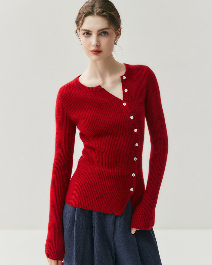 Women’s Cashmere Ribbed Button Cardigan, Fitted Round Neck Long Sleeve Knit Top