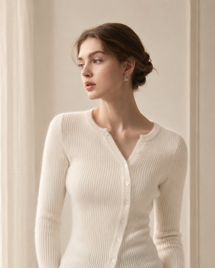 Women’s Cashmere Ribbed Button Cardigan, Fitted Round Neck Long Sleeve Knit Top