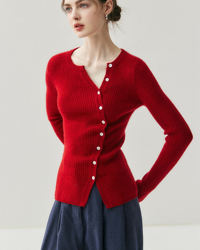 Women’s Cashmere Ribbed Button Cardigan, Fitted Round Neck Long Sleeve Knit Top