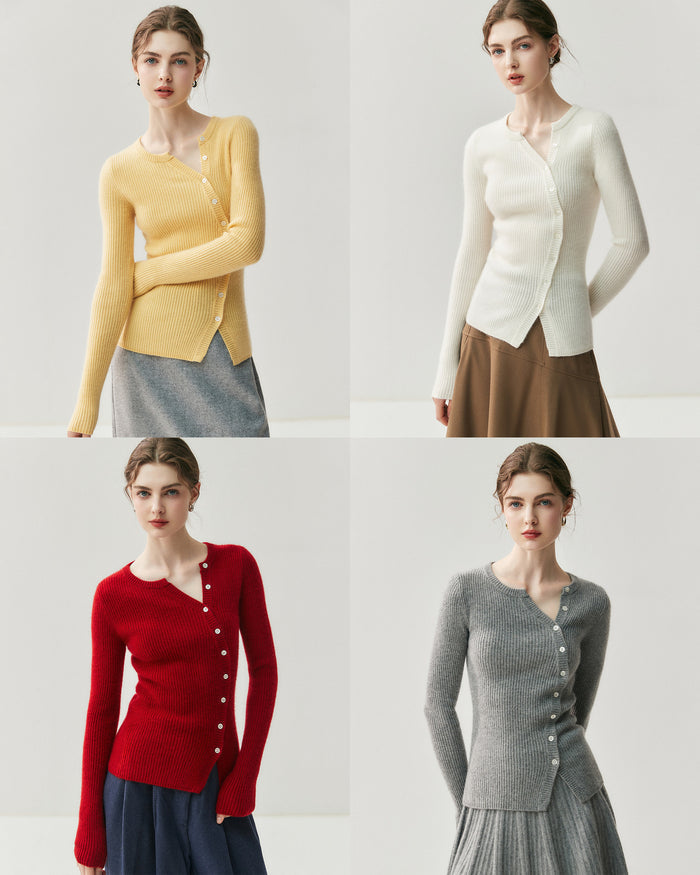 Women’s Cashmere Ribbed Button Cardigan, Fitted Round Neck Long Sleeve Knit Top