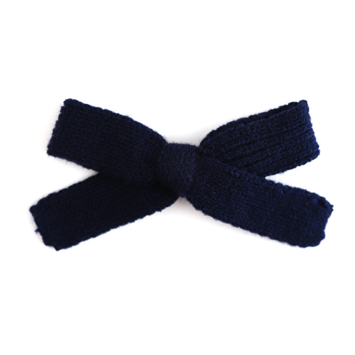 girls' navy blue yarn knit hair bow on alligator clip