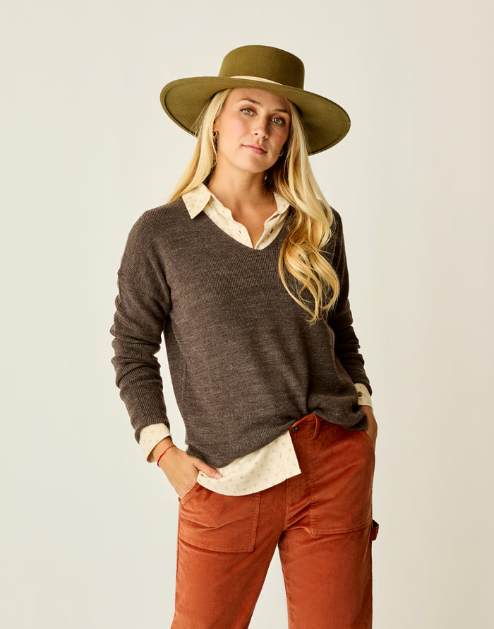 Zella Merino Sweater Espresso Heather fine-gauge knit subtle back V-neck relaxed fit long sleeves