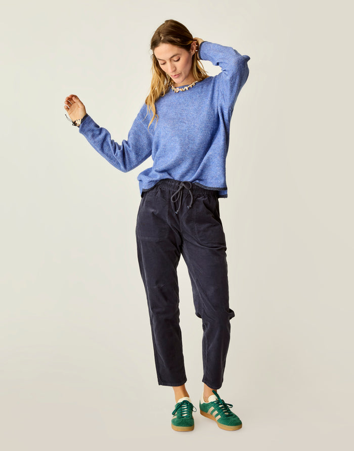 Zoe Buttercord Pant navy mid-rise relaxed pull-on with elastic drawcord and 28-wale corduroy texture
