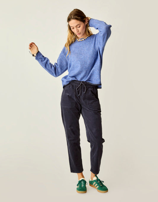 Zoe Buttercord Pant navy mid-rise relaxed pull-on with elastic drawcord and 28-wale corduroy texture