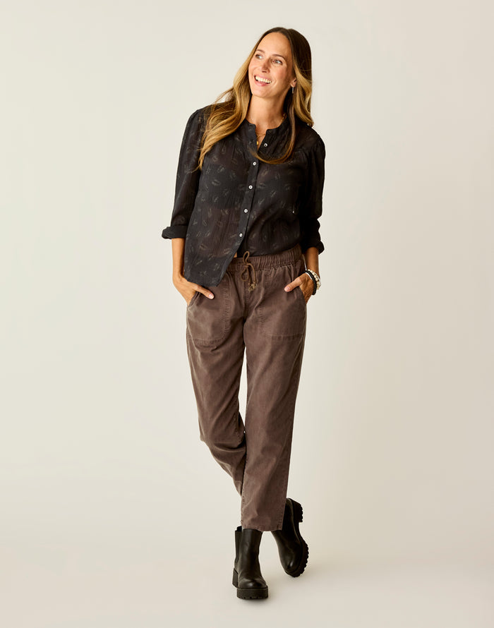 Zoe Twill Pant Espresso relaxed mid-rise pull-on with elastic waistband drawcord twill fabric