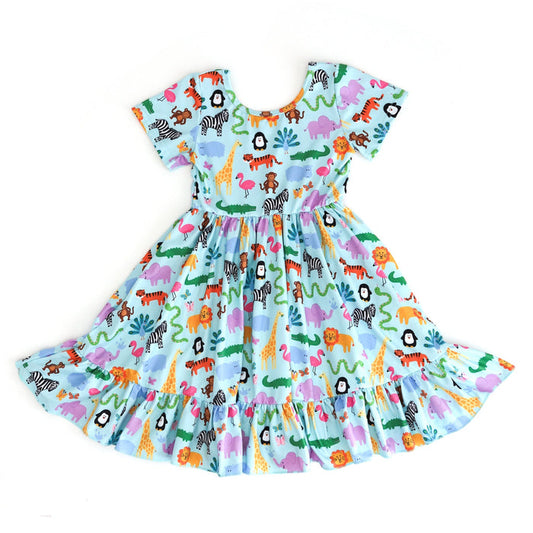 girls' short sleeve, ruffle hem twirl dress in mint with colorful zoo animal print